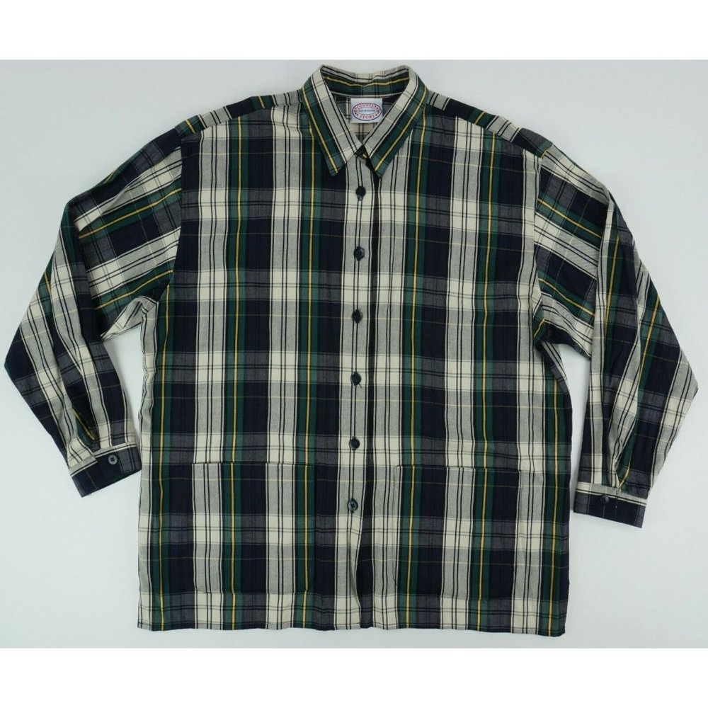 David Smith Country Sport Mens Large LS Green Blue Plaid Rayon Field Chore Shirt
